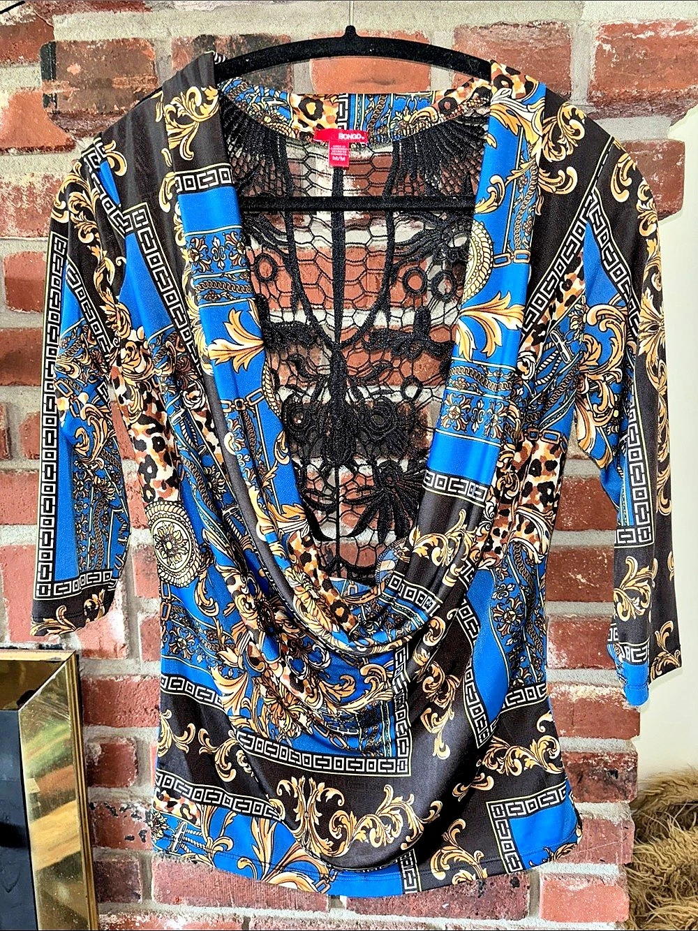 Vintage Y2K BONGO Baroque Print Cowl Neck Lace Back Blouse Size Medium